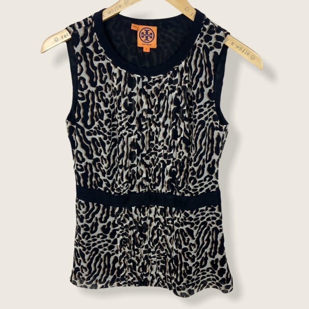 Tory Burch 100% Silk Animal Print Blouse Ruffle Womens Size 0 Peplum Y2K Top